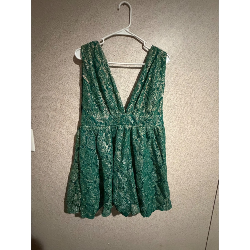 Lulus Emerald Green Gold Metallic Lace V-Neck Mini Dress XL Sleeveless Cocktail